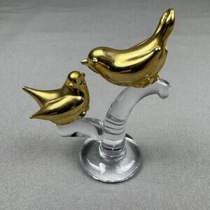 Vintage Hand Blown Bird Sculpture Gold Mama Bird & Baby Bird On Glass Blown Log